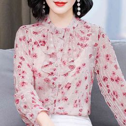 Long Sleeve Blouse Women Blusas Mujer De Moda Ruffles Stand Collar Print Chiffon Blouse Shirt Blusa Women Clothing D836 210426