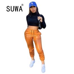 Faux PU Leather Women Pencil Pants Skinny Bodycon High Waist Tight Trouser Orange Fashion Cool Girl Fall Wholesale Clothing 210525