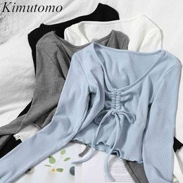 Kimutomo Casual Women T-Shirt Long Sleeve Korean Style Slim Basic Drawstring Top Girls V-neck Clothing Spring Femme 210521