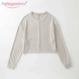 Aelegantmis Cozy O Neck Loose T Shirts Women Soft Basic Long Sleeve Tops Female Solid Korean Chic Spring Regular 210607