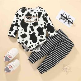 Winter Children Sets Long Sleeve O Neck Cow Pattern Rompers Striped Trousers Cute 2Pcs Girls Boys Clothes 0-12M 210629