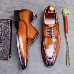 Lacing Mens Shoes Formal Genuine Leather Wedding Business Brogue Oxford Shoe Black Brown Square Head Luxury Men Dress Shoe