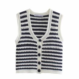 BBWM Women Sweater Vest White Navy Striped Knitted Vest Female Summer Cropped V-Neck Waistcoat Tops 210520