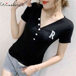 Summer Korean Style T-Shirt Sexy V-Neck Shiny Diamonds Button Cotton Women Tops Bottoming Shirt All Match Tees T14701A 210421