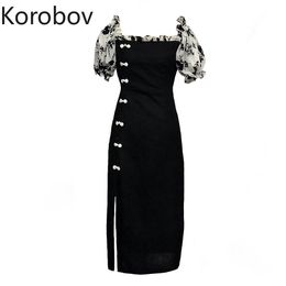 Korobov Summer New Women Dress Korean Square Collar Single Breasted Female Dresses Chiffon Puff Sleeve Patchwork Dress 210430