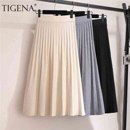 TIGENA Elegant Midi Pleated Knitted Skirt Women Autumn Winter Korean Knee Length a line High Waist Female Ladies 210621