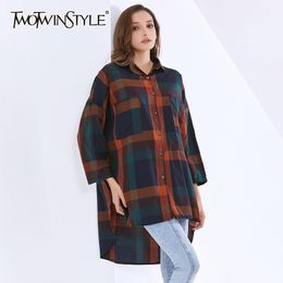 TWOTWINSTYLE Patchwork Plaid Shirts For Women Lapel Collar Long Sleeve Hit Colour Split Plus Size Loose Blouses Female Tide 210317