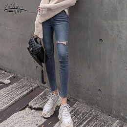 Stretchy High Waist Jeans Woman Skinny Pencil Jeans Ripped Hole Elastic Denim Trousers Plus Size Womens Clothing 10396 210527