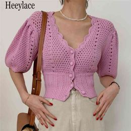 Summer Casual Knitwear Sweater Puff Sleeve Hollow Out Crochet Flower Cardigan Women Elegant V Neck Slim Knit Crop Tops 210806