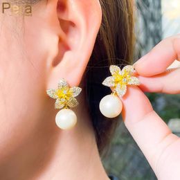 Dangle & Chandelier Pera Elegant Yellow Flower Charm Cubic Zirconia Gold Plated Bridal Wedding Engagement Party Pearl Earrings For Women