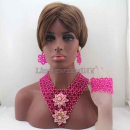 Earrings & Necklace Exclusive Fuschia Pink Wedding African Beads Jewellery Set Women Costume Chunky Bride HD8369