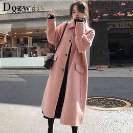 Fashion Long Wool Coat Solid Batwing Sleeve Warm Blend Ladies Winter Turn Down Collar Straight Woollen Outerwear 210515