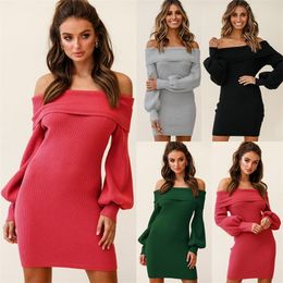 Sexy Ribbed Knitted Casual Dresses Autumn Winter Strapless Lantern Sleeve Solid Colour Party Dress S-XXL