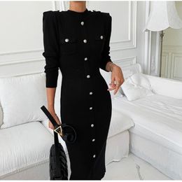 Runway Spring Small Fragrance Knitting Women Eleagnt Single-breasted Office Lady Long Sleeve Sweater Dress 210515