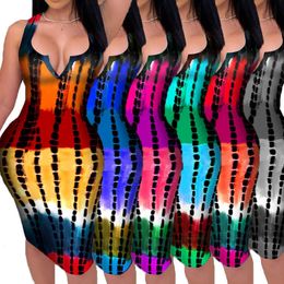 Mulheres Mulheres Impressão Vestido 2021 Laço de Verão Tintura Imprimir Stripe Sexy Profunda V-Pescoço Saco Hip Sem Mangas Strap Vestidos Casual Apertado Bodycon Skirt