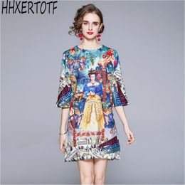 spring summer Elegant women Fashion Flower Print Dres half Sleeve Beading Loose 210531