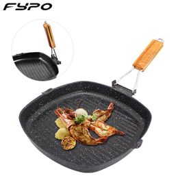 square cast iron pan UK - Pans Steak Frying Pan, Cast Iron Non Stick Portable Grill, Deep Square Griddle Pan With Folding Wooden Handles Cooking
