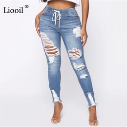 Light Blue Ripped Jeans for Women Street Style Sexy Mid Rise Distressed Trouser Stretch Skinny Hole Denim Pencil Pants 210629