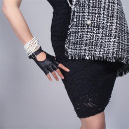 Women Black Leather Half Finger Gloves Silver Square Buckle Ultra-Thin Pure Sheepskin Fingerless Short Spring Summer BB881