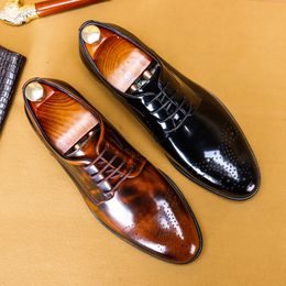 Lacing Formal Italian Design Shoes For Men Genuine Leather Wedding Business Oxford Brogue Shoes Black Round Head Men Dress Shoe