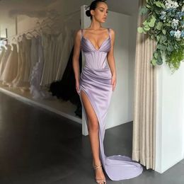 Sexy High Split Evening Dresses Corset Straps V-neck Satin Saudi Arabia Mermaid Prom Pageant Dress 2022 Sleeveless Long Cocktail Party Gowns Special Occasion Wear