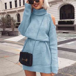 Autumn Winter Turtleneck Off Shoulder Knitted Sweater Dress Women Solid Slim Plus Size Long Pullovers Knitting Jumper 210522