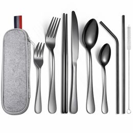 Stainless Steel Tableware Black Fork Spoon Knife Dinner Set Outdoor Travel Picnic Portable Dinnerware Set with Box Dropshipping 210317