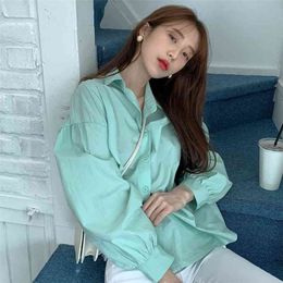 Spring Autumn Women's Blouse Top Korean Solid Colour Lapel Single-breasted Loose Casual Lantern Sleeve s GX386 210507