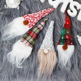 StoBag 4pcs Merry Christmas Tree Decoration Faceless Satan Claus 24*6*2.5cm Party Celebrate Doll Pendant Creative For Home 210602