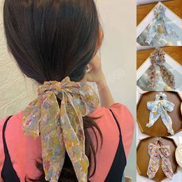 Chiffon Floral Printed Hair Ties Elastic Rubber Bands Ponytail Holder Retro Shredded Flower Bow Scrunchies Girl Fairy Hair Rope