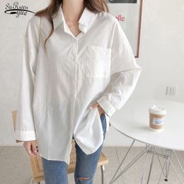 Spring Loose Long Sleeve Blouse White Shirt Women Pocket Turn Down Collar Casual Ladies Cotton and Linen Tops Blusas 12807 210521