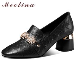 Meotina High Heel Cow Leather Pumps Women Block Heels Metal Decoration Flower Shoes Fashion Female Footwear Spring Beige 210520