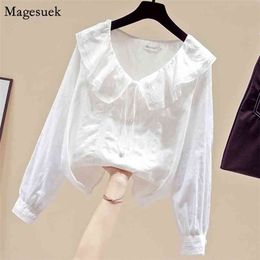 Autumn Ruffles White Shirt Women Puff Sleeve Vintage Blouse Doll Collar Cardigan Shirts Blouses 11229 210512