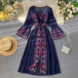 Summer Women's Dress Heavy Industry Embroidery V-neck Drawstring Trumpet Sleeves Ethnic Style Thin Waist Long Dresses GX040 210507