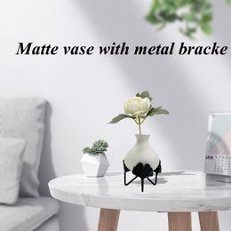 Vases "Small Ceramic Flower Vase For Flower,Matte White Finish Little Bud With Metal Bracket Living Room Decoration