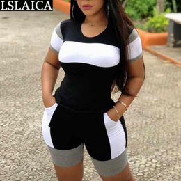 Plus Size Women Clothing Sets Short Sleeve Tshirt Pants Colorblock 's Summer Suits Fitness Running Knitted 2 Pc 210520