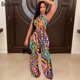 Beyprern Womens Halter Neck Printed Crop Top And Wide Leg Pant Set Two-Piece Suits Summer Laced Bandage Matching Set Club Wear Y0625