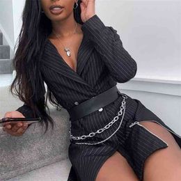 vintage stripe blazer dress women zipper slit double breasted white elegant business short 210427