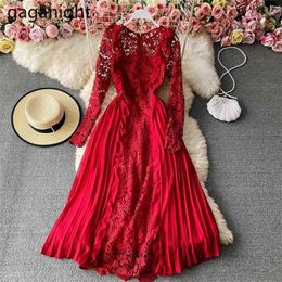 Sweet Women Lace Hollow Out Party Maxi Dress Long Sleeve Bodycon Vestidos Spring Solid Dresses A Line Chiffon 210601
