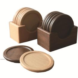 NEWNEW 6pcs Wooden Cup Mat Set with Holder Solid Wood Round Placemat Insulation Pad RRA10510