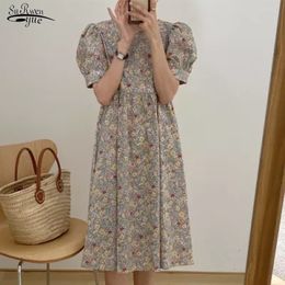 Plus Size M-3XL Beige Long Floral Pleat Dress Vintage Women Summer Round Collar Loose High Waistline Midi Sundress 14539 210521