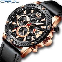 Mens Watch CRRJU Fashion Leather Watches for Mens Stainless Steel Waterproof Date Analog Quartz Man Wrist Watches reloj hombre 210517