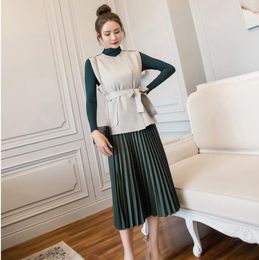 Plus Size 3XL Autumn Elegant OL 3-piece Set Sleeveless Bow Lace-up Vest Coat +Slim Solid Colour jumper tops + Long Pleated Skirt 210515