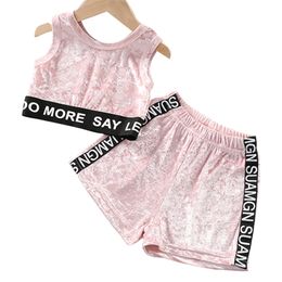 Kids Summer Clothes Girls Letter Vest + Short Girl Patchwork Tracksuit 210528