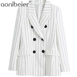 White Striped Suit Jackets Spring Summer Double Breasted Straight Women Blazers Long Sleeve Office Lady Jacket 210604