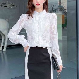 Office Lady Long Sleeve Stand Collar Lace Shirts Women Spring Fashion Button Blouse Plus Size Clothing 13053 210427