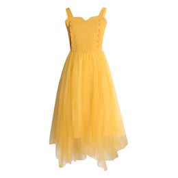 Yellow V Neck Strap Sleeveless Solid Button Empire Mesh Dress Knee Length Summer Beach Vocation Holiday D0595 210514