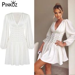designer style luxury white strawstring v-neck sexy mini dress for women lantern sleeve celebrity ruched dresses vestidos 210421