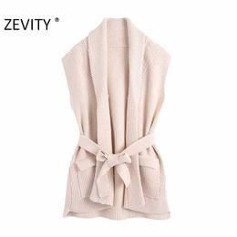 Zevity Women Fashion Turn Down Collar Pockets Patch Sashes Knitting Sweater Female Chic Sleeveless Open Stitching Vest Tops S458 210603