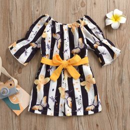 Fashion Baby Dress Set Toddler Baby Girls Stripe Butterfly Print Flared Sleeves Fashion Princess Dress Baby Girl Clothes Set Q0716